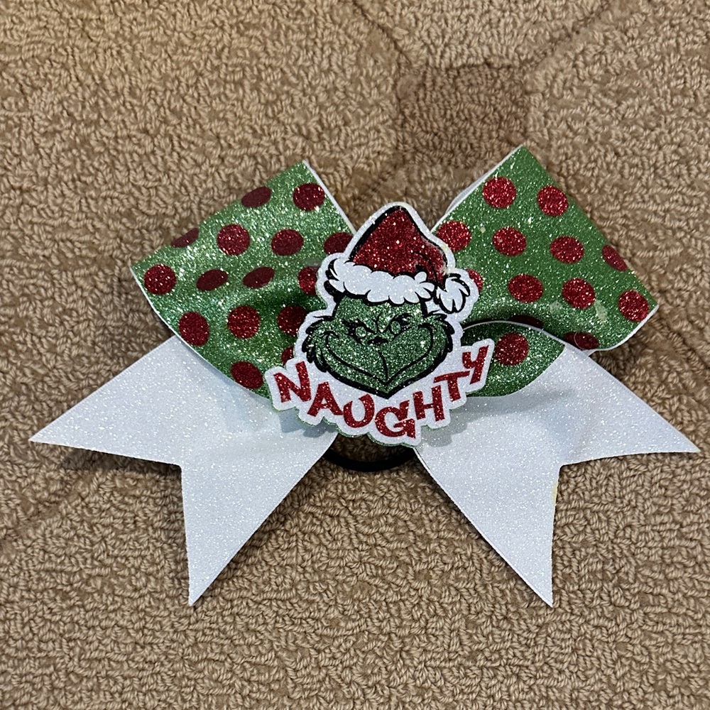 Festive Red, Green and White Naughty Christmas Cheer Bow